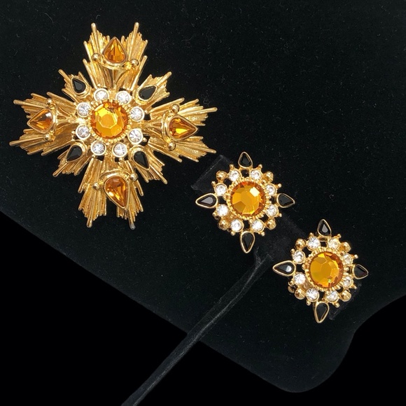 JOAN RIVERS STARBURST AMBER, GOLD & BLACK BROOCH - Picture 2 of 14